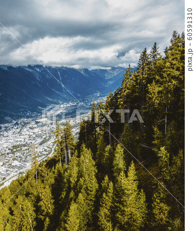 Mountain peaks in Chamonix-Mont-Blanc. France. French alps, beautiful trees. National park. 60591310