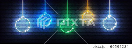Christmas ball neon background. Set of realistic colorful Xmas glowing decorations 60592284