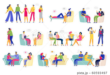 Psychotherapy session. Psychologic therapy, family psychologist and psychotherapist sessions vector illustration set 60593497