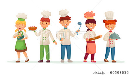 Young chefs. Happy children cooks, kids cooking and baking in chef costume cartoon vector illustration 60593656
