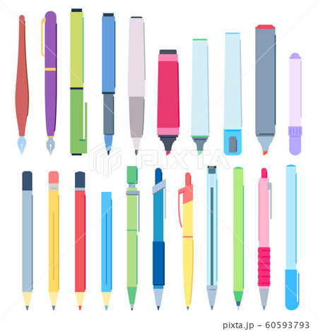Cartoon pens and pencils. Writing pen, drawing pencil and highlighter marker vector illustration set Cartoon pens and pencils. Writing pen, drawing pencil and highlighter marker vector illustration set 60593793