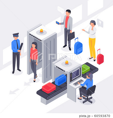 Isometric airport security. X ray check passengers baggage scanning, travelers luggage scan and metal detectors vector illustration 60593870
