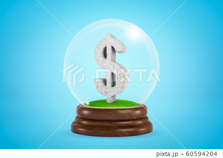 3d rendering of scuffed gray stone dollar symbol inside glass ball globe on light blue background. 60594204