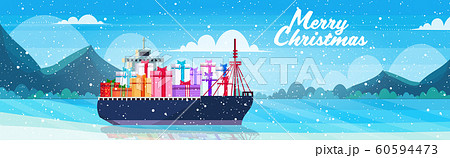 container cargo ship with gift present boxes logistic sea ocean transportation concept christmas new year winter holidays celebration greeting card horizontal container cargo ship with gift present boxes logistic sea ocean transportation concept christmas new year winter holidays celebration greeting card horizontal 60594473