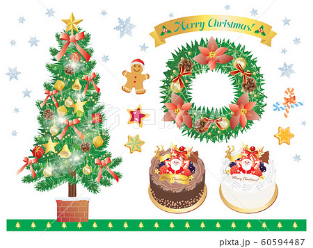 クリスマスツリーとリースとケーキのセット　赤 60594487