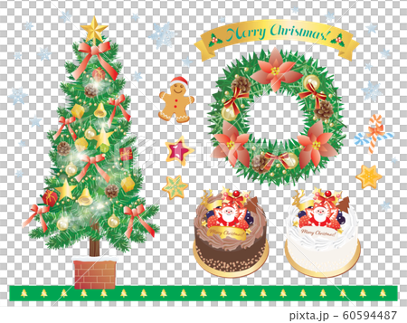 クリスマスツリーとリースとケーキのセット 赤のイラスト素材