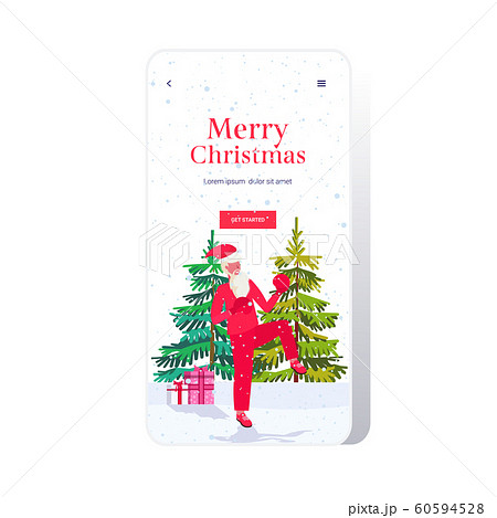 santa claus boxer practicing thai boxing exercises workout healthy lifestyle christmas holidays celebration concept smartphone screen online mobile app full length 60594528
