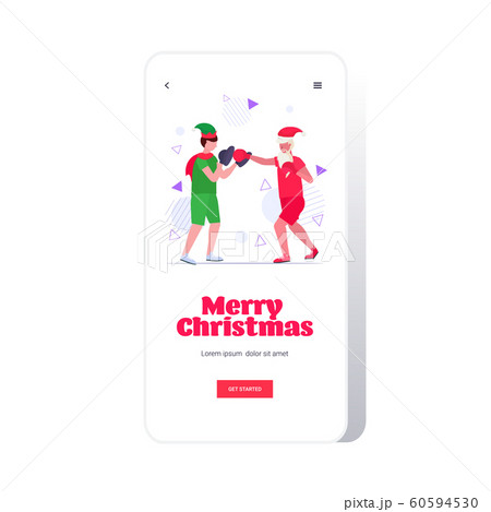 santa claus boxer practicing boxing exercises with elf helper workout healthy lifestyle christmas holidays celebration concept smartphone screen online mobile app full length santa claus boxer practicing boxing exercises with elf helper workout healthy lifestyle christmas holidays celebration concept smartphone screen online mobile app full length 60594530