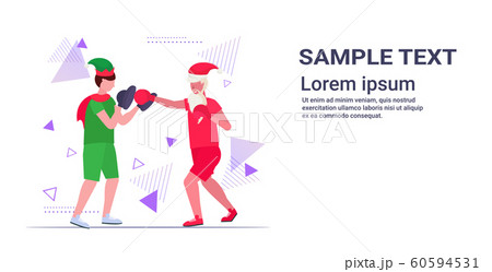 santa claus boxer practicing boxing exercises with elf helper workout healthy lifestyle christmas holidays celebration concept full length horizontal copy space 60594531