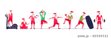 set santa claus doing different exercises training workout healthy lifestyle concept christmas new year holidays celebration horizontal full length 60594532