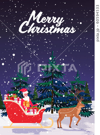 santa claus riding in sledge with reindeer merry christmas happy new year winter holidays celebration concept snowy forest landscape background greeting card vertical full length 60594533