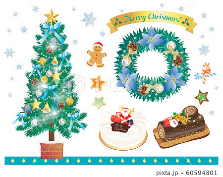 クリスマスツリーとリースとケーキのセット 青のイラスト素材 クリスマスツリーとリースとケーキのセット 青のイラスト素材