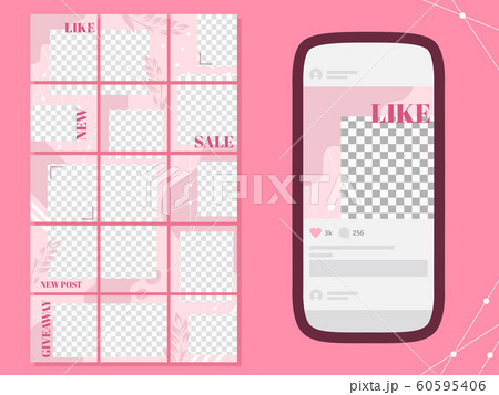 Pink post template. Social media puzzle photo frames posts, flowers poster and gold floral frame grid templates layout vector set Pink post template. Social media puzzle photo frames posts, flowers poster and gold floral frame grid templates layout vector set 60595406