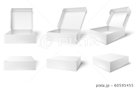 Open packaging box. Blank package boxes, opened and closed white packages mockup 3d vector illustration set 60595455