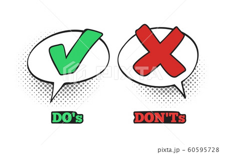 Do and Dont comic sign. Ok check mark, No dialogue cloud box and red cross comics signs vector illustration 60595728