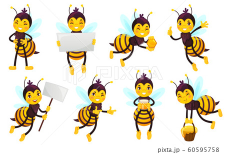 Cartoon bee character. Bees honey, flying cute honeybee and funny yellow bee mascot vector illustration set Cartoon bee character. Bees honey, flying cute honeybee and funny yellow bee mascot vector illustration set 60595758