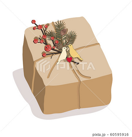 Vector illustration of Christmas box on white background. The gift is wrapped in craft paper, decorated with a ribbon, a fir and berry branches and birds. 60595916