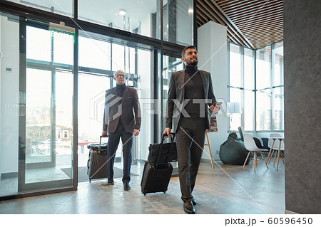 Two elegant business travelers pulling suitcases while entering hotel lounge 60596450