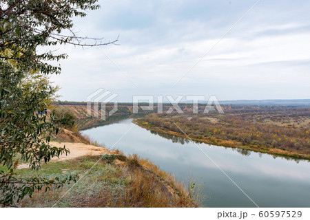 Landscape view of steppe and calm river Don in Russia in autumn 60597529
