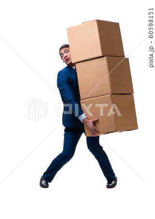 Young male employee with boxes isolated on white 60598151