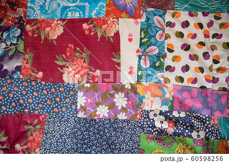 Colorful handmade patchwork carpet close up image Colorful handmade patchwork carpet close up image 60598256
