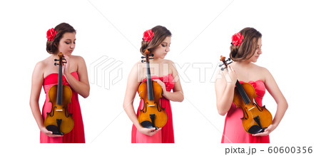 Young girl with violin on white Young girl with violin on white 60600356