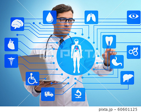 Telemedicine concept with doctor pressing virtual buttons Telemedicine concept with doctor pressing virtual buttons 60601125