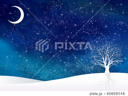 冬の景色：水彩 冬 景色 木 木々 雪 丘 雪山 林 森 星 夜空 キラキラ