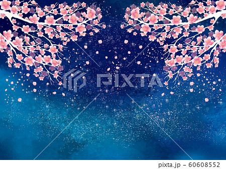 夜桜 桜 花見 桜まつり お花見 4月 春 早春 桜吹雪 フレーム 満開のイラスト素材