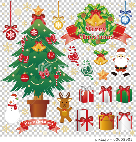 クリスマス クリスマスツリー リース プレゼント オーナメント セットのイラスト素材