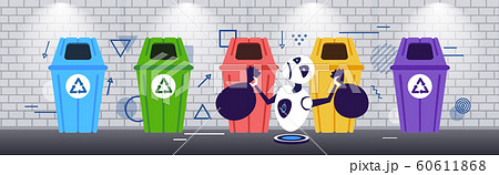 modern robot putting garbage bags in different types of recycling bins segregate waste sorting management artificial intelligence concept sketch horizontal full length 60611868