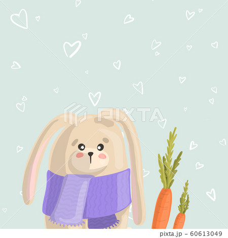 Little rabbit with a carrot in a purple scarf on a green background with white hearts. Copy space. 60613049