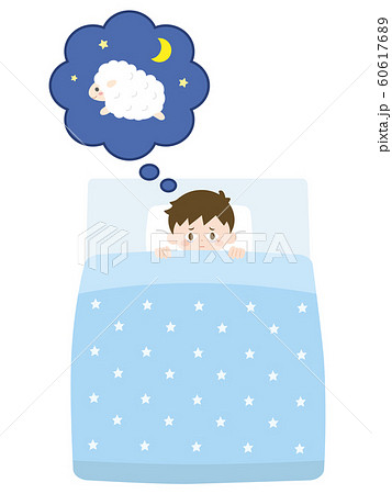 不眠症 眠れず羊を数える男の子のイラストのイラスト素材