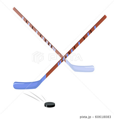 Hockey sticks, red-blue, and black puck. Sports equipment. Vector Isolated Objects 60618083
