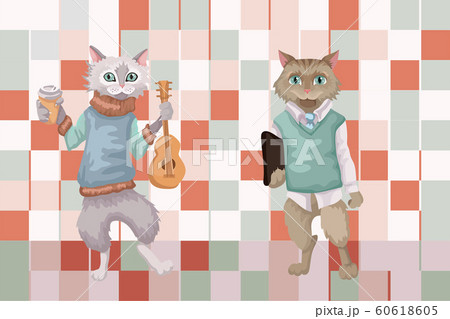 Two young guys, characters cats. The musician the creative person and a clever cat with the laptop. Two young guys, characters cats. The musician the creative person and a clever cat with the laptop. 60618605