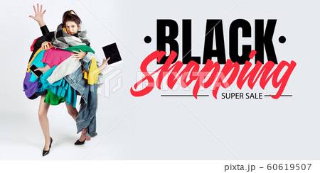 Woman addicted of sales and clothes, black shopping, sales concept 60619507