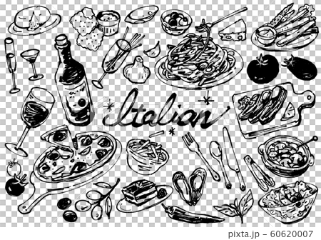 イラスト素材: :シンプル 手描き イタリアンセット ライン画 60620007