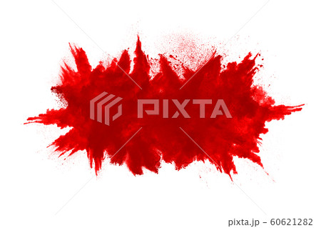 Freeze motion of red powder exploding, isolated on white background. Abstract design of red dust cloud. Particles explosion screen saver, wallpaper 60621282