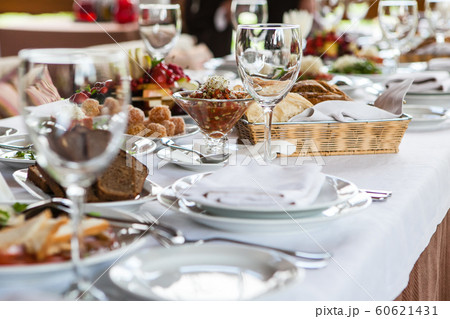 Served for banquet restaurant table with dishes, 60621431