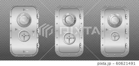 Metal door with porthole in submarine or spaceship 60621491