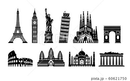 世界の有名な建築物 遺跡 建物 世界遺産 ランドマーク 白黒イラストセットのイラスト素材