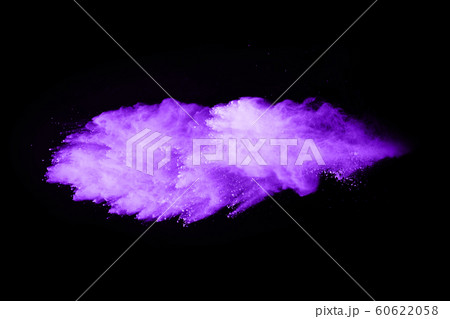 The movement of abstract dust explosion frozen purple on black background. Stop the movement of powdered purple on black background. Explosive powder purple on black background. The movement of abstract dust explosion frozen purple on black background. Stop the movement of powdered purple on black background. Explosive powder purple on black background. 60622058