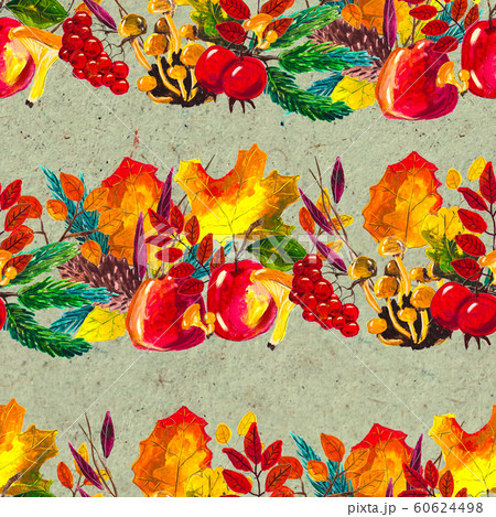 Autumn watercolor hand drawn seamless pattern with leaves mushrooms and pine cones Autumn watercolor hand drawn seamless pattern with leaves mushrooms and pine cones 60624498