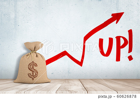 3d rendering of money bag with red arrow going up and 'Up' sign on white wall background 3d rendering of money bag with red arrow going up and 'Up' sign on white wall background 60626878