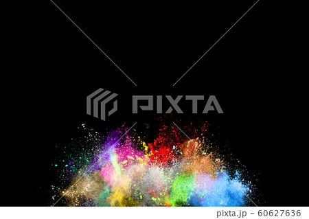 abstract colored dust explosion on a black background.abstract powder splatted background,Freeze motion of color powder exploding/throwing color powder, multicolored glitter texture. 60627636
