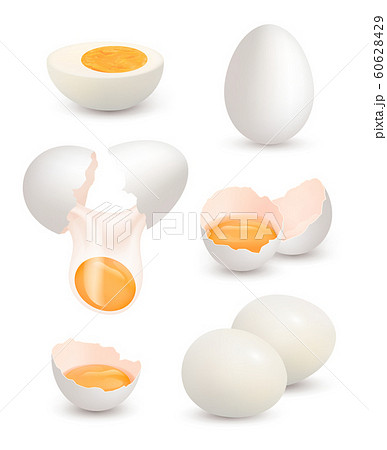 Farm eggs. Realistic chick eggs organic food yellow yolk protein breakfast omelette cracked shell vector pictures 60628429