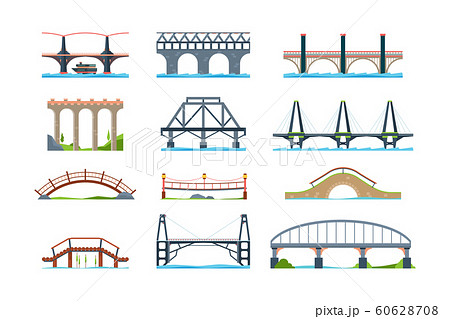 Bridges. Wooden iron aqueduc with column modern architectural objects vector bridge in flat style Bridges. Wooden iron aqueduc with column modern architectural objects vector bridge in flat style 60628708