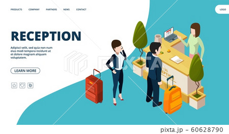 Reception web page. Isometric hotel info point landing. Vector people in hotel Reception web page. Isometric hotel info point landing. Vector people in hotel 60628790