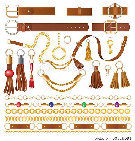 Leather elements. Fabric decoration for clothes luxury chains straps and embroidery braided details vector illustrations Leather elements. Fabric decoration for clothes luxury chains straps and embroidery braided details vector illustrations 60629091