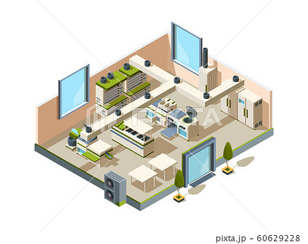 Restaurant kitchen. Cafe interior with furniture equipment for cooking and making food steel tables refrigerators ovens vector isometric 60629228